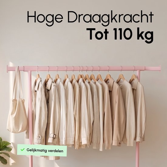 Roze kledingrek vol beige kledingstukken en een tas. Tekst: 'Hoge Draagkracht Tot 110 kg' en 'Gelijkmatig verdelen'.