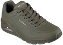 Baskets pour hommes Skechers Uno olive à lacets, détails perforés et unité d'air visible dans la semelle.