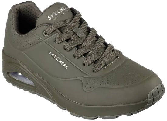 Baskets pour hommes Skechers Uno olive à lacets, détails perforés et unité d'air visible dans la semelle.