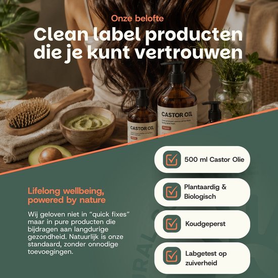 Producten van GOYU Castor olie op een houten tafel bij een vrouw met lang haar, met tekst over natuurlijke producten.