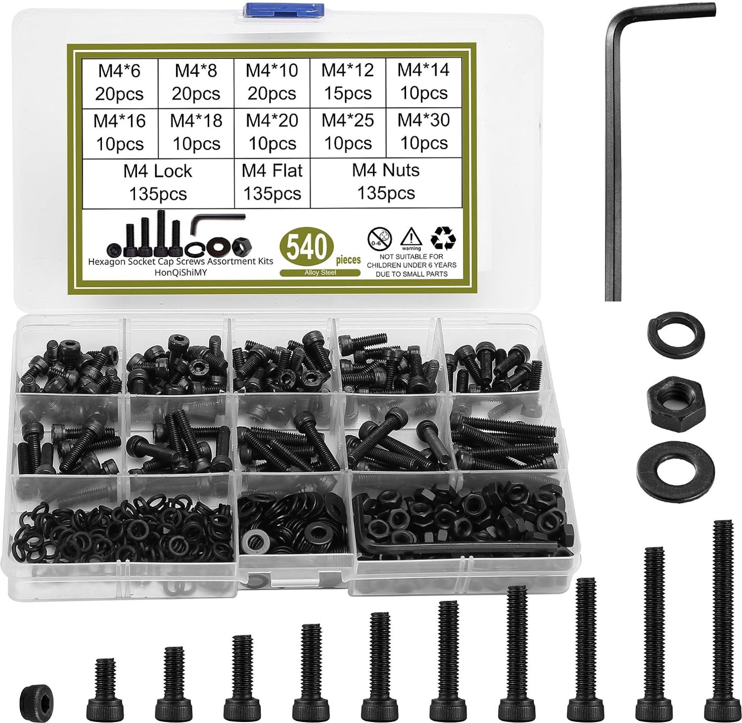 Schroeven set M4 - Zwart hex schroeven met moeren en ringen - Assortiment voor machinebouw - m-winkel