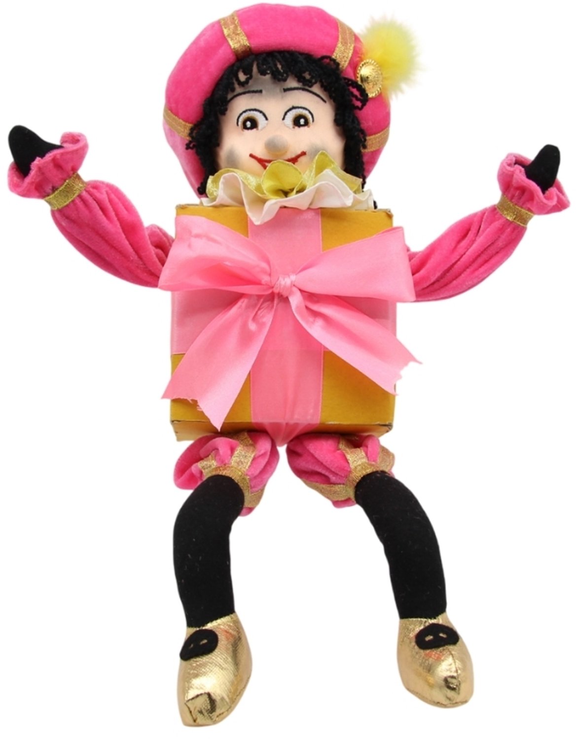 Pietenpop in cadeautje - Sinterklaasdecoratie - 40 cm - roze goud Pietenkostuum - Beekwilder design - handgemaakt