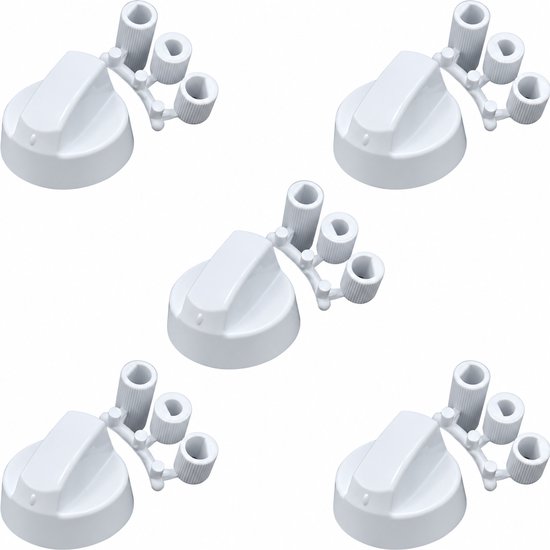 Vijf identieke witte universele ovenknoppen met bijbehorende adapters, gerangschikt op witte achtergrond.