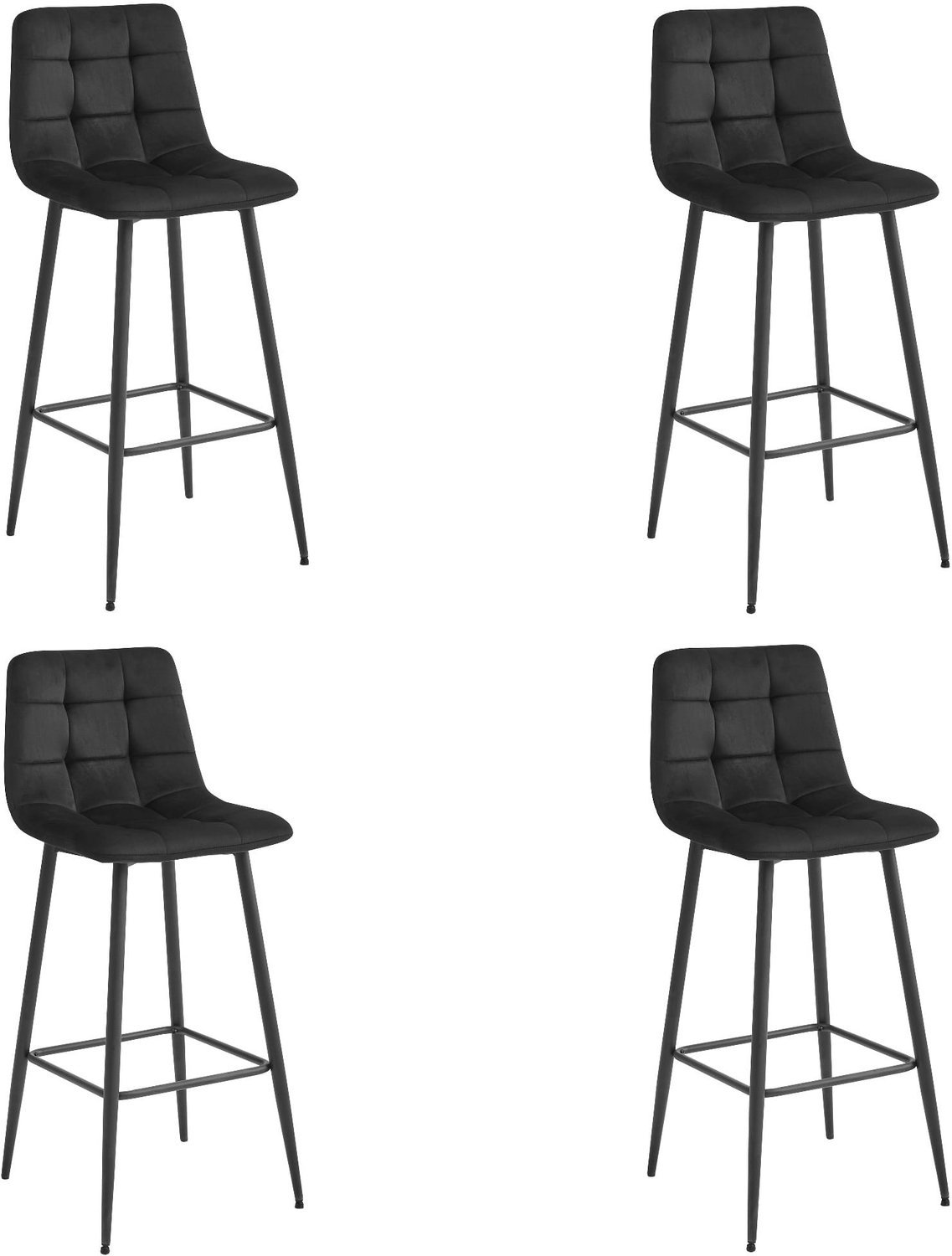 LEOBERT ARCETO Barkrukken – Set van 4 – Zwart Velvet – Zwarte Metalen Poten – Met Rugleuning – Met Voetsteun – Modern Design – Voor Keukeneiland, Bar en Keuken – Max. 110 kg per Kruk