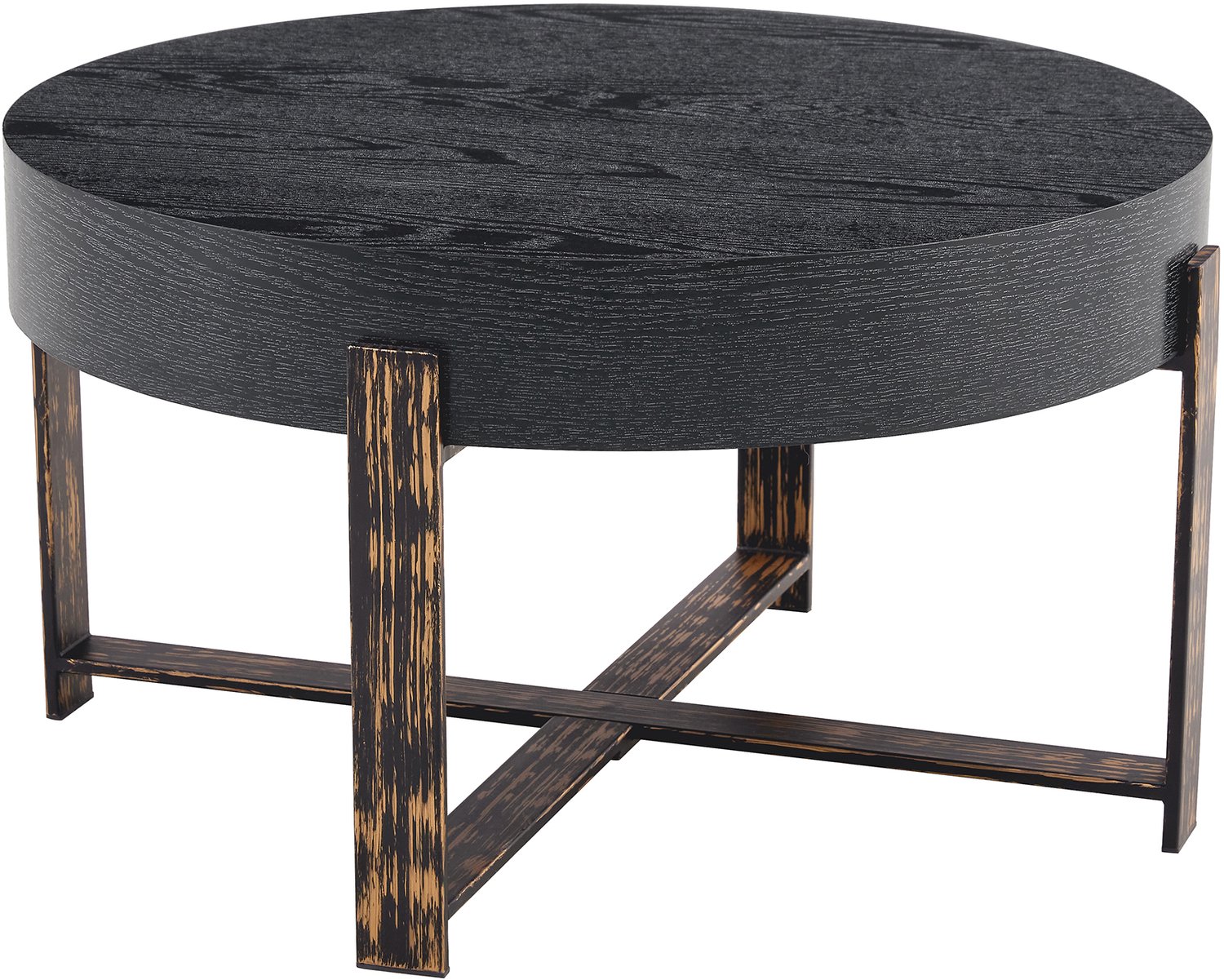 SONNENH Ronde salontafel - Zwart MDF blad Ø68 cm - Metalen kruisframe - Hoogte 39 cm Zwart houtlook | Bruine houtlook op metaal