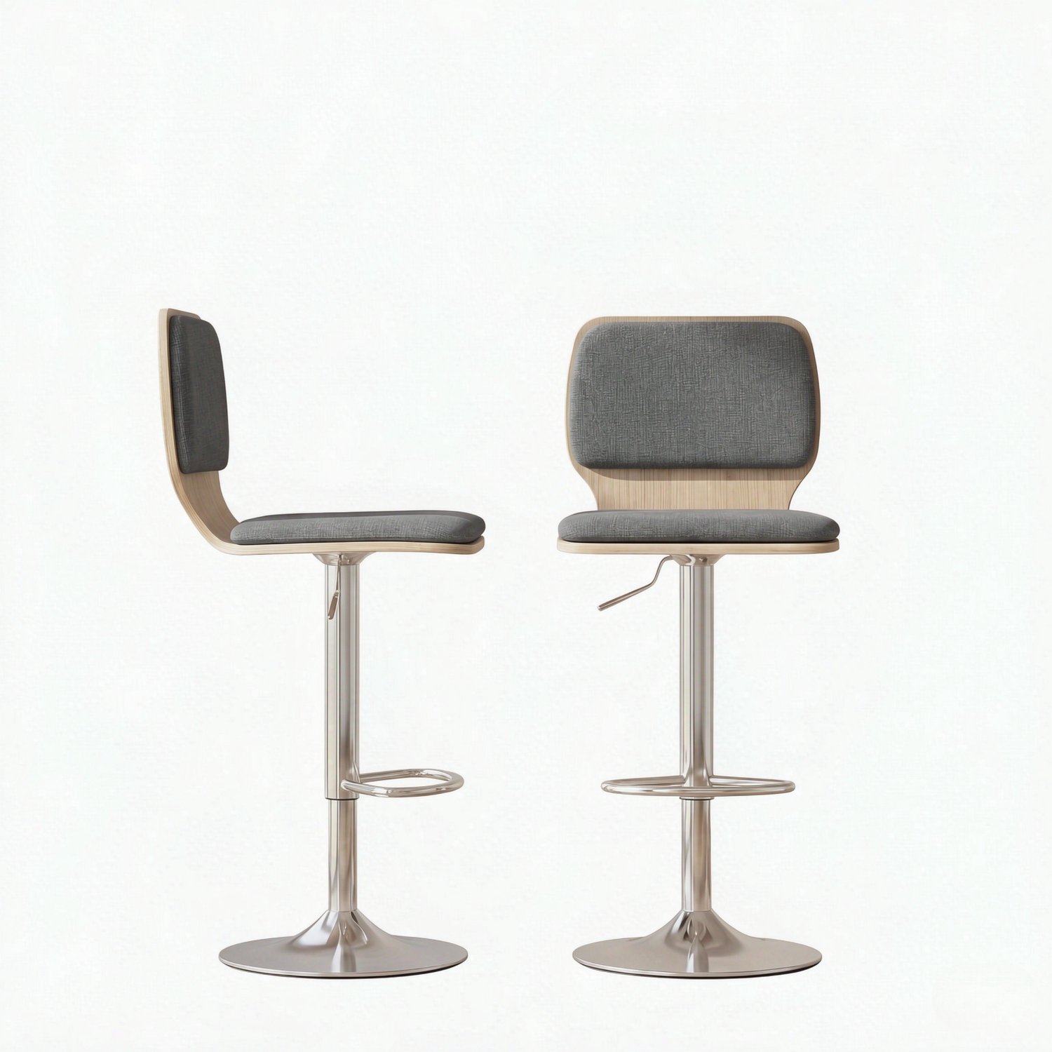 SONNENH Barkrukken set van 2 - Grijze stof en houtlook rug - Zithoogte 59–80 cm - Draaibaar Grijs met naturel houtlook en zilverkleurig metaal