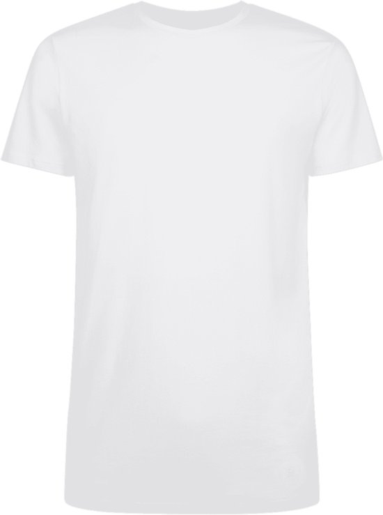 Wit T-shirt met ronde hals op een zwarte achtergrond.