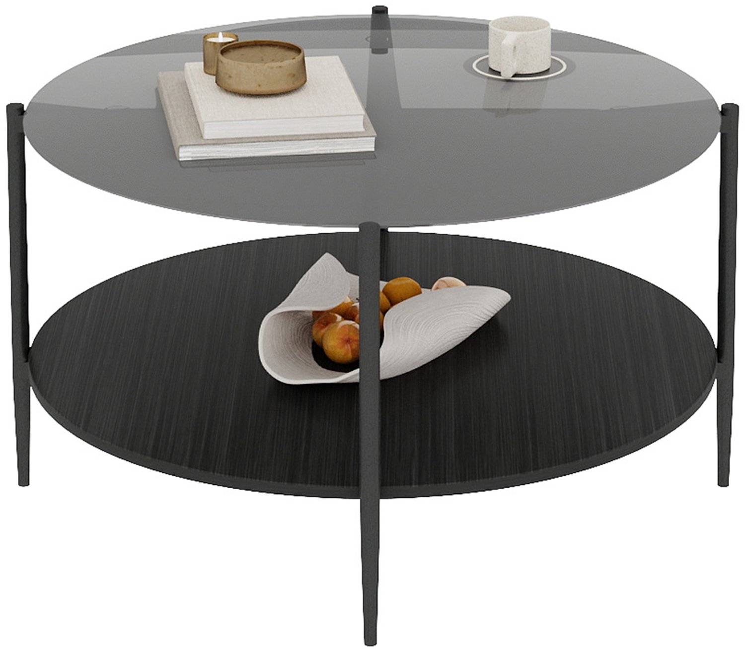 SONNENH Ronde salontafel - Zwart getint glas met houten onderplank - Ø82 x 45 cm Zwart getint glas | Zwart