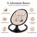 X Adventure Rocco wipstoel in zwart en beige met overzicht van functies zoals Bluetooth en timer.