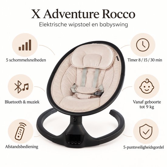 X Adventure Rocco wipstoel in zwart en beige met overzicht van functies zoals Bluetooth en timer.