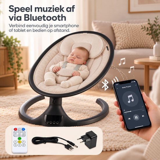 Baby slaapt in beige wipstoel. Bluetooth-verbinding mogelijk met smartphone voor muziekbediening.