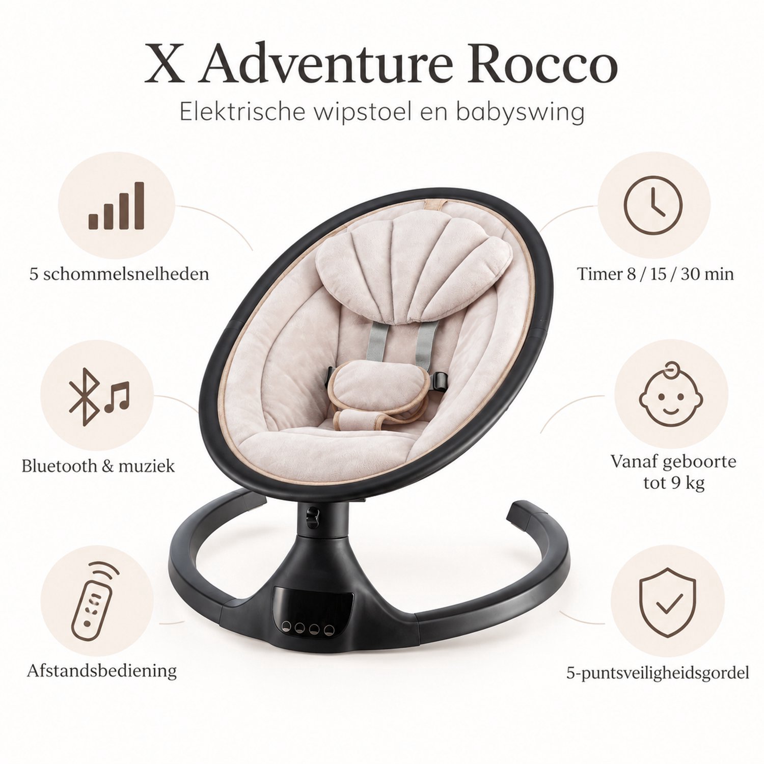 X Adventure Rocco Elektrische Wipstoel – Baby swing - Elektrische Babyschommel - Bluetooth & Afstandsbediening - Beige Nougat thumbnail 2
