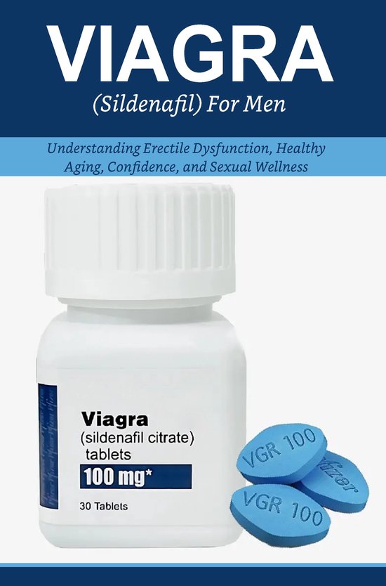 Flacon blanc de Viagra 100 mg et trois comprimés bleus en forme de losange marqués 'VGR 100'.