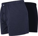 Twee Ceceba boxershorts, een met donkerblauw pied-de-poule motief en een effen marineblauwe.
