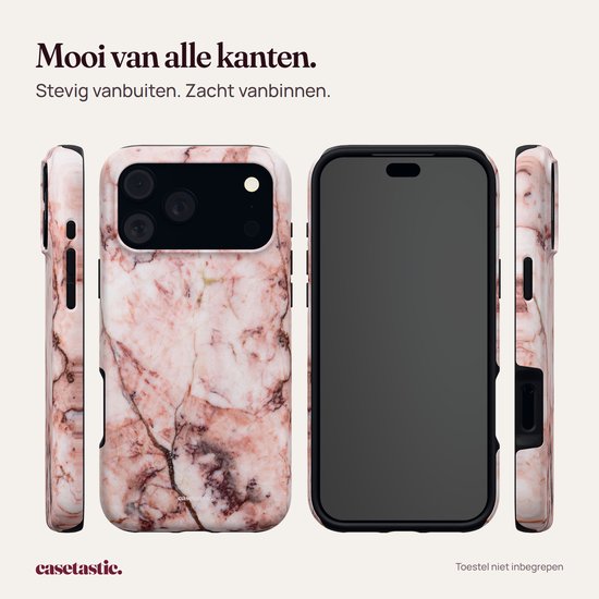 Roze marmeren telefoonhoesje getoond van voor- en zijkanten, met een zwarte binnenrand en camerauitsparing.