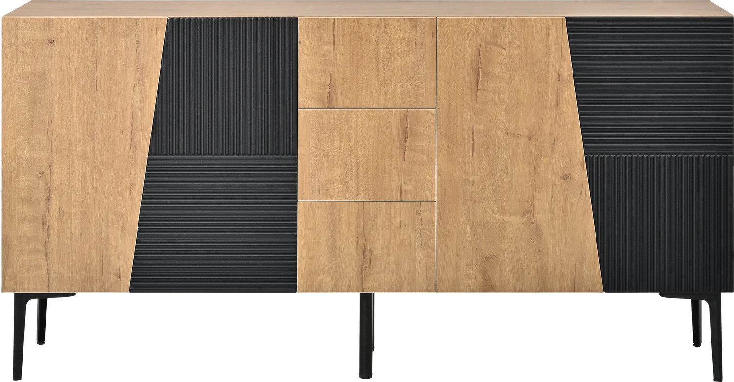SONNENH Dressoir - Natuurlijke houtlook en zwart reliëf - 4 deuren en 3 lades - 160 x 40 x 80 cm