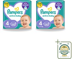 2 x Pampers – Luiers – Active Baby Maat 4 (9-14 kg) – 62 Luiers - Wasstrips - Luiers Voor Baby - Droge Luiers - Actieve Baby - Superabsorberende Luiers - Anti-lek Luier