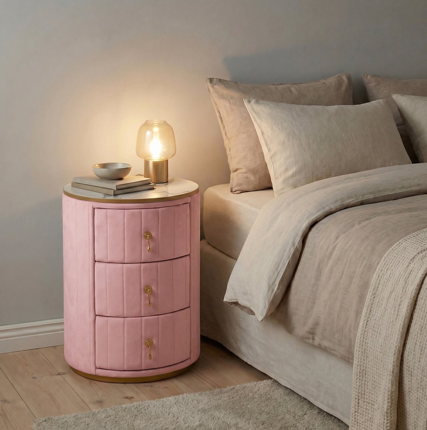 CHICFURN Nachtkastje - 3 lades - Rond - Roze