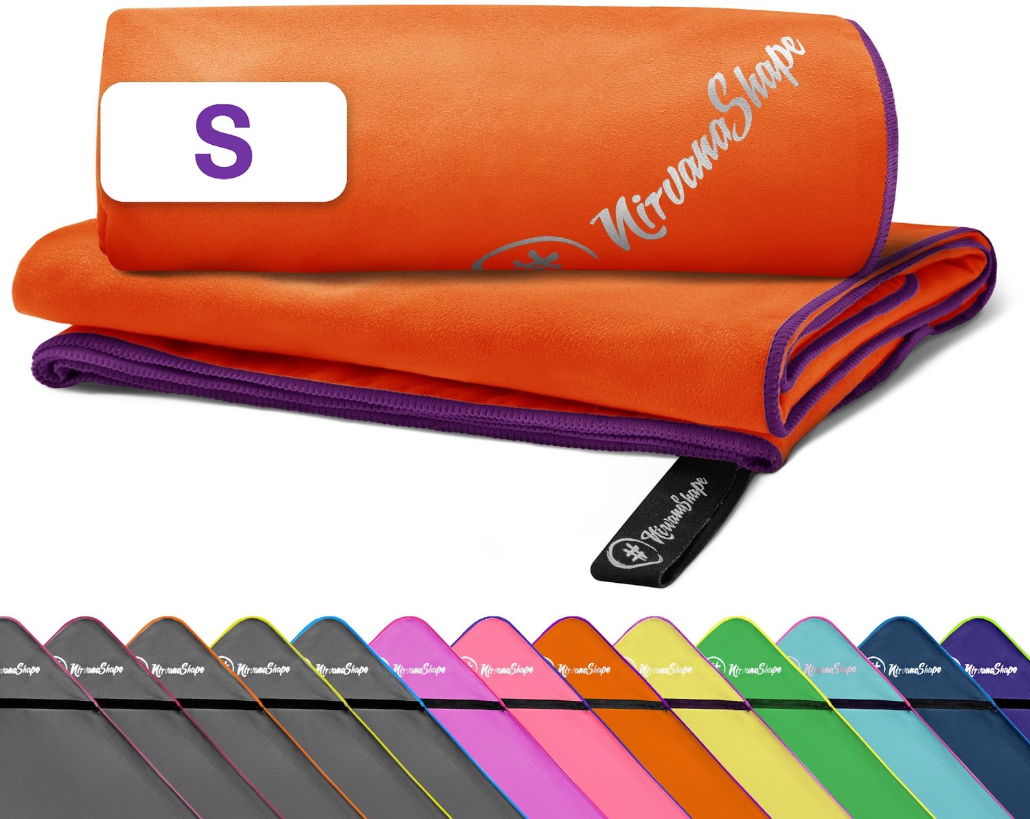NirvanaShape - microvezel handdoek - lichtgewicht compacte reishanddoek - sneldrogend en absorberend - 60 x 40 cm - Oranje / Paarse Rand