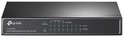 Vooraanzicht van de zwarte TP-Link TL-SG1008P switch met TP-Link logo en LED-lampjes voor PoE, voeding en link/act.