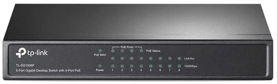 Vooraanzicht van de zwarte TP-Link TL-SG1008P switch met TP-Link logo en LED-lampjes voor PoE, voeding en link/act.