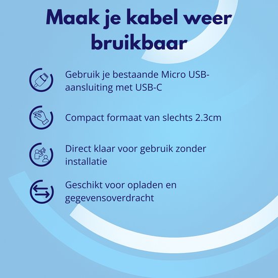 Maak kabel bruikbaar: gebruik Micro USB met USB-C, compact 2.3cm formaat, plug-and-play, voor opladen en data.