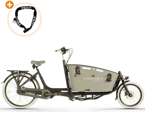 Grijze Vogue Carry 2 elektrische bakfiets met zwart frame, witte banden en een zwart Lockr kettingslot in een cirkel.