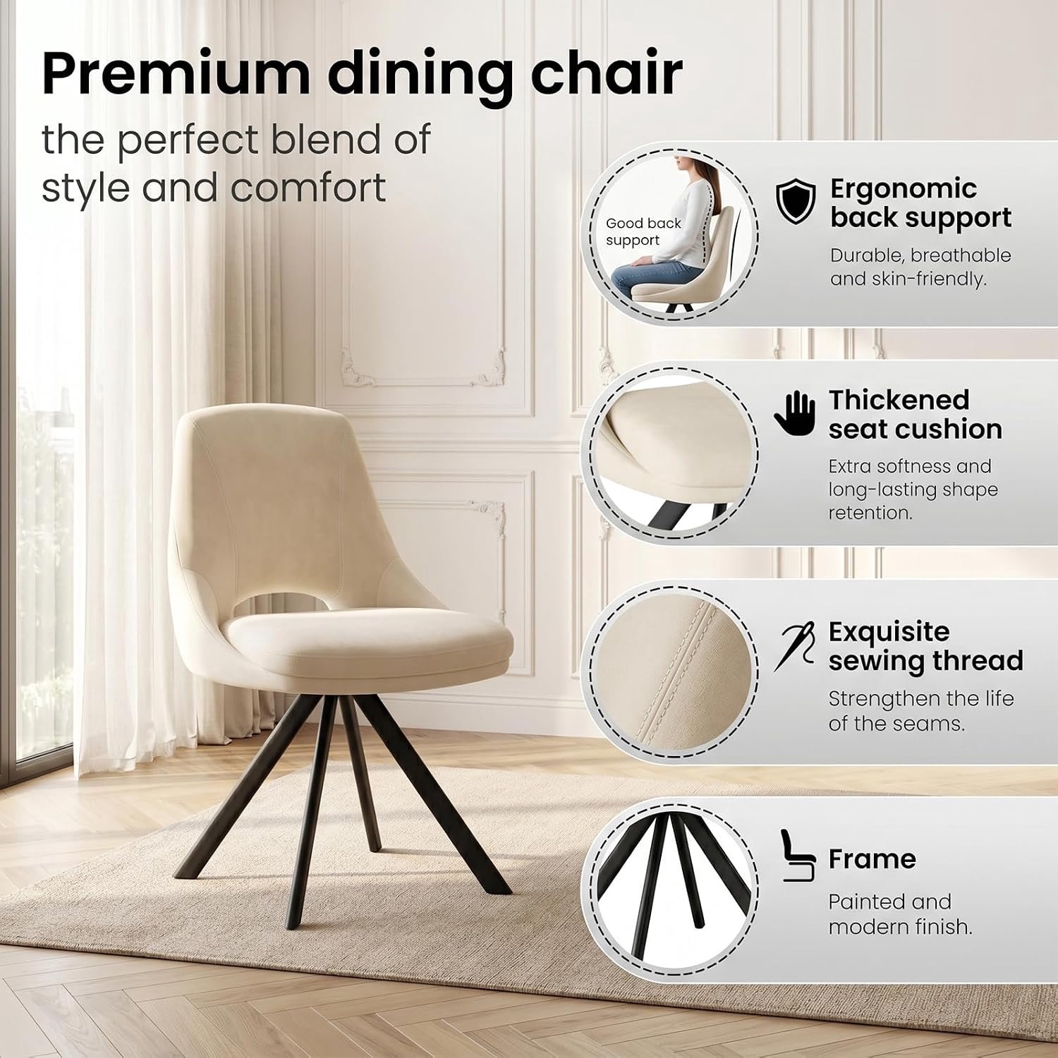 Luna Elegance Uitschuifbare Eettafel met 6 Beige Fluwelen Eetkamerstoelen – Ronde MDF Eettafel Ø 110–150 cm, 76 cm Hoog, Metalen Spinonderstel, Moderne Eetset voor Keuken en Eetkamer