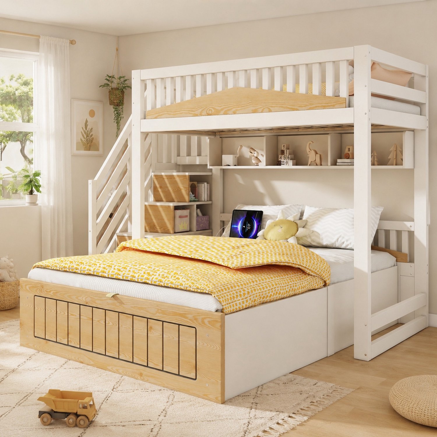 WUVRIE Stapelbed 90x200 en 140x200 cm - Met trapkast en opbergruimte onder het bed - Wit/naturel Wit en naturel