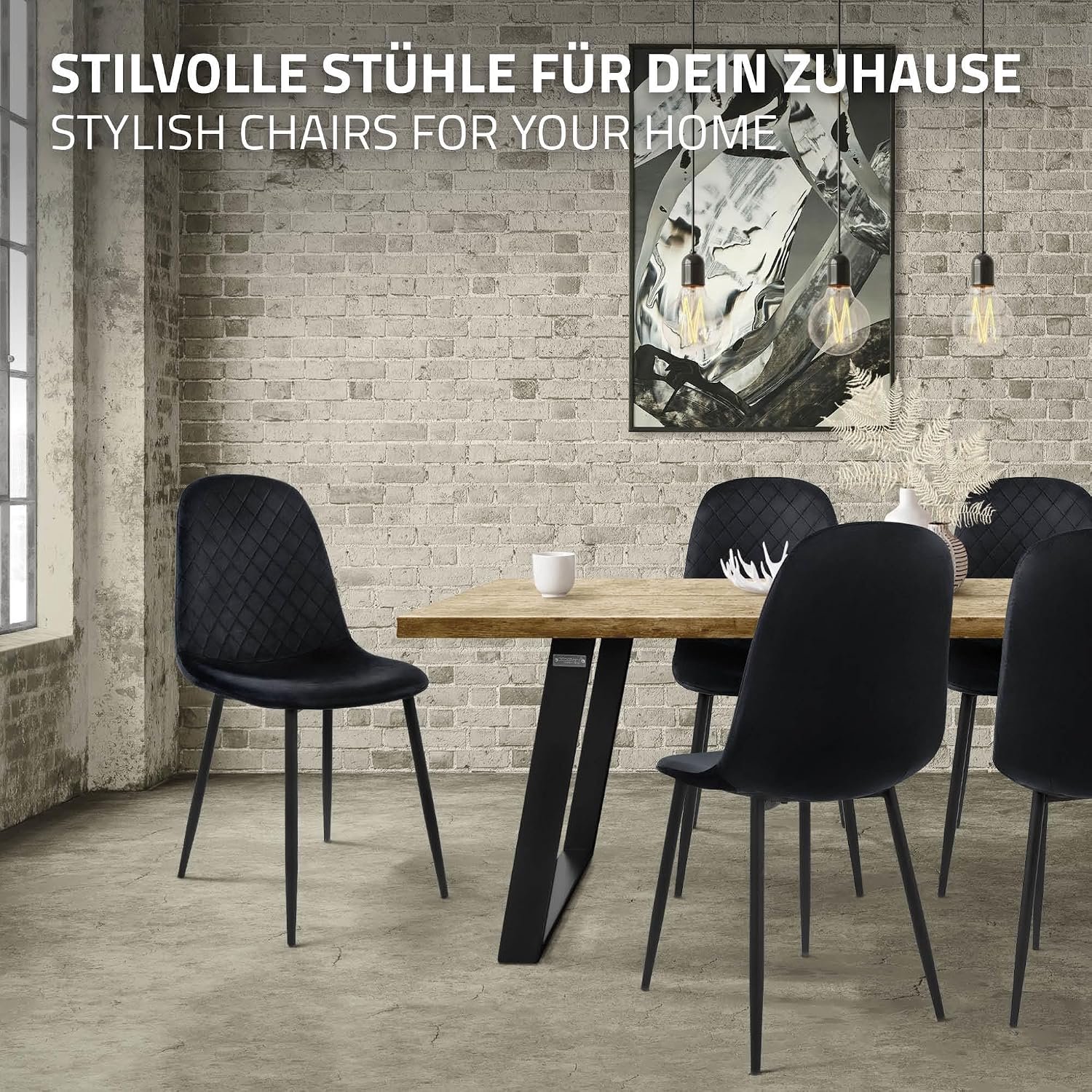 Luxe Scandinavische Fluwelen Eetkamerstoelen Set van 4 Zwart met Ruitpatroon, Ergonomische Gestoffeerde Keukenstoelen met Rugleuning, Stevige Metalen Poten, Zithoogte 48 cm, Draagvermogen 120 kg, 44 x 51 x 89 cm
