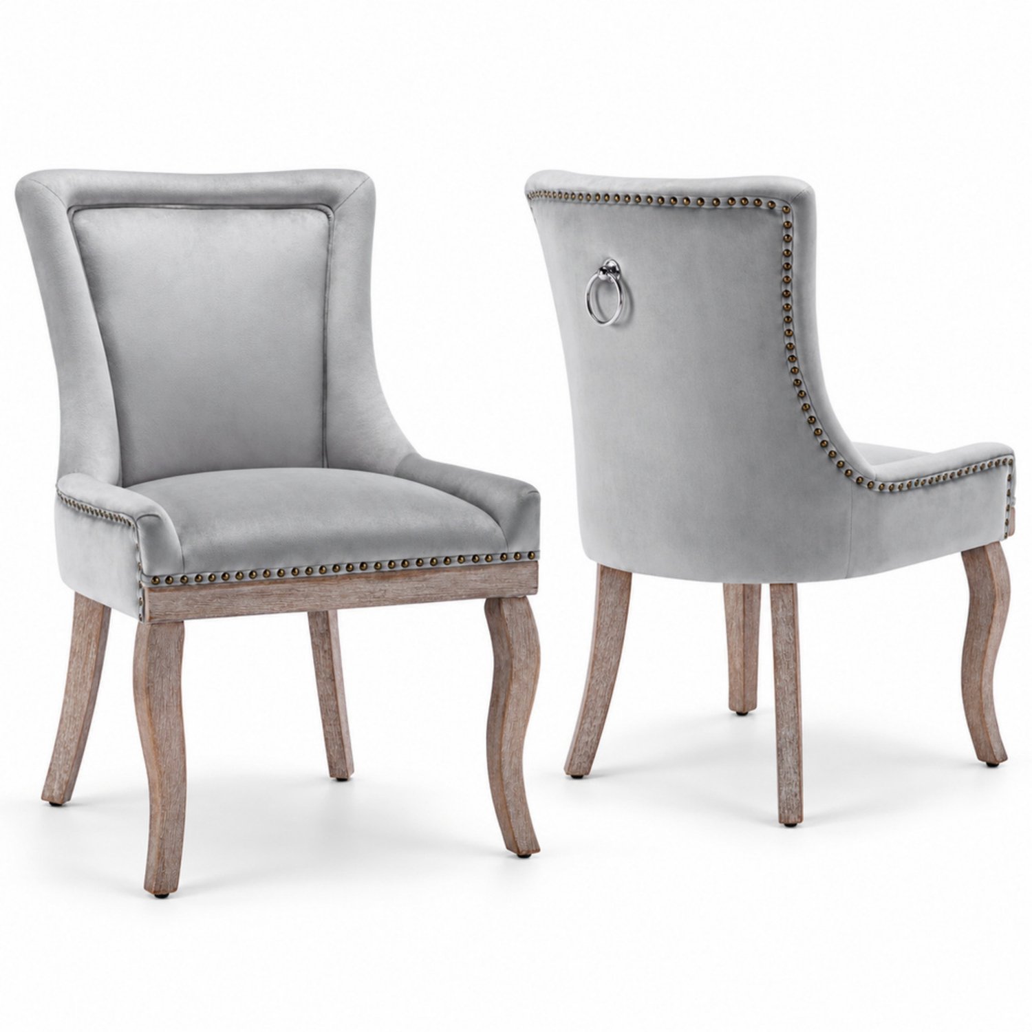 LONG DRAGON - Velvet eetkamerstoelen - Set van 2 - Siernagels - Massief houten poten - Voor keuken en woonkamer - Grijs