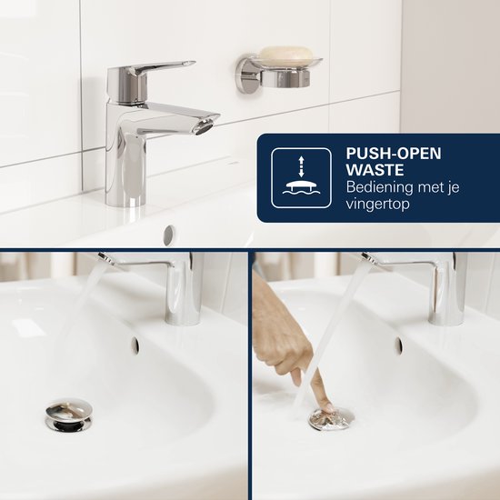 Chromen wastafelkraan met push-open waste die met een vingertop bediend kan worden.