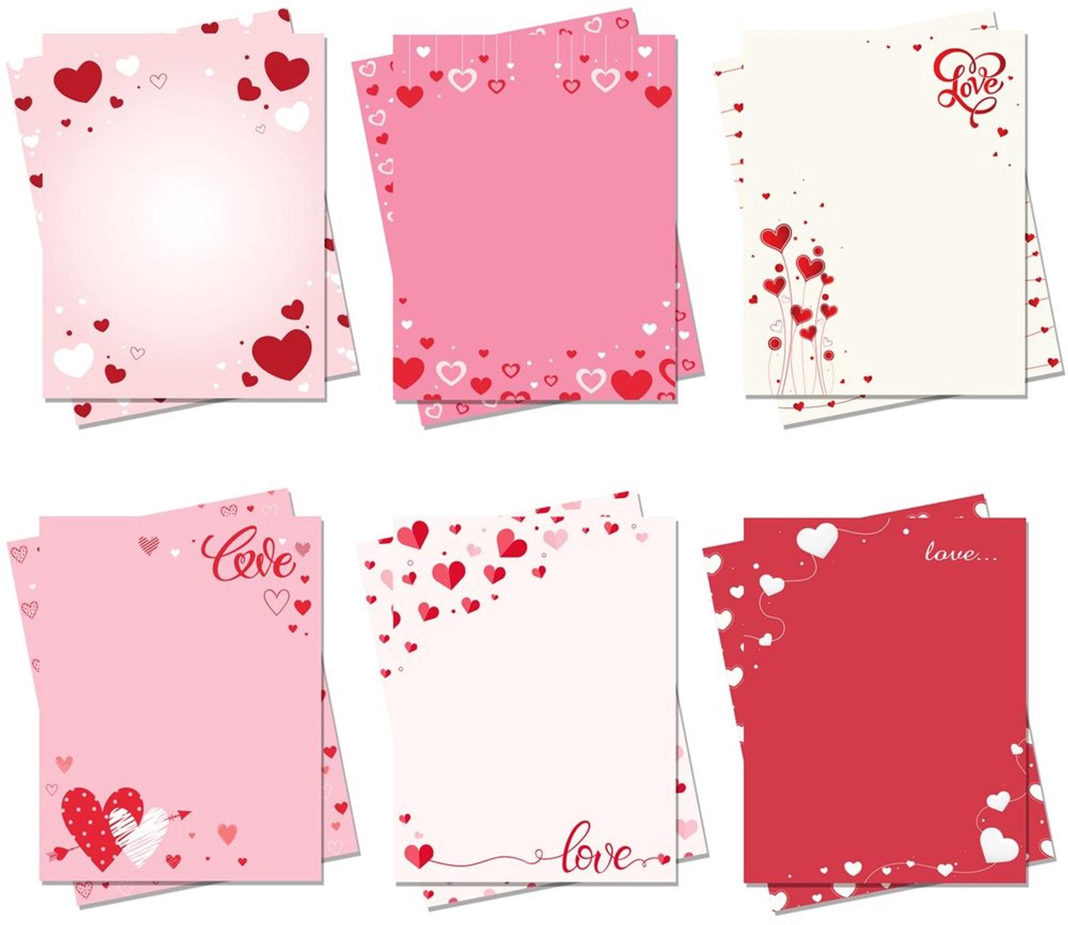 Briefpapier Valentijnsdag 60 vellen - Roze/Rood Hart Briefpapier - 8,5 x 11 Inch - 6 Stijlen - Hoogwaardig Schrijfpapier - Geschikt voor Notities/Groetuitnodigingen