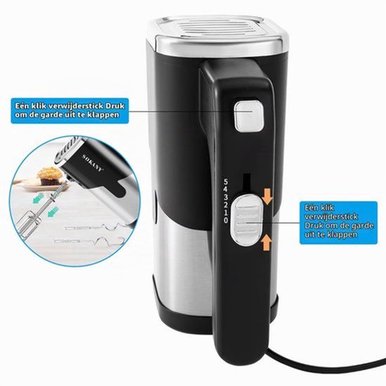 800W Elektrische keukenmixer, 5 snelheden, uitwerpknop, keukenmixer met 2 knederhaken en 2 gardes voor roomtaarten — afbeelding 5
