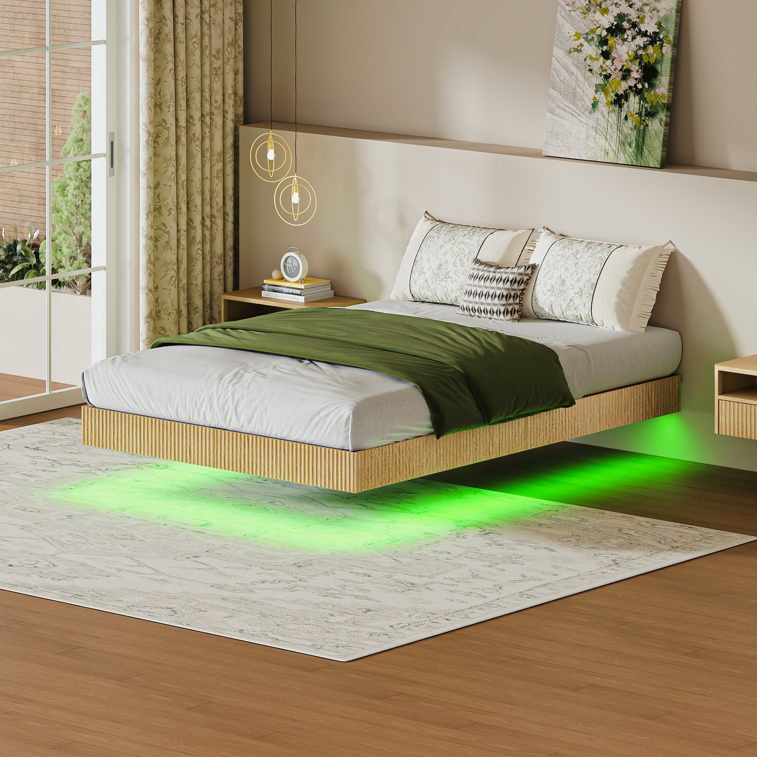 WUVRIE Bed 140x200 cm - Zwevend ontwerp met RGB-LED en lattenbodem - Naturel Licht eiken