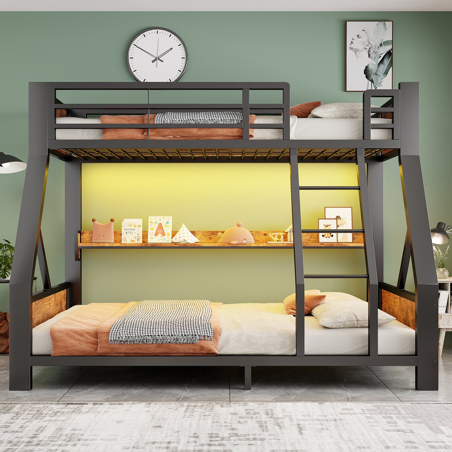 Wishdor Stapelbed 90x200 cm boven en 140x200 cm onder - Met LED-verlichting en opbergvak - Metalen frame en houten panelen - Industrieel ontwerp - Kinderkamer logeerkamer - Zwart
