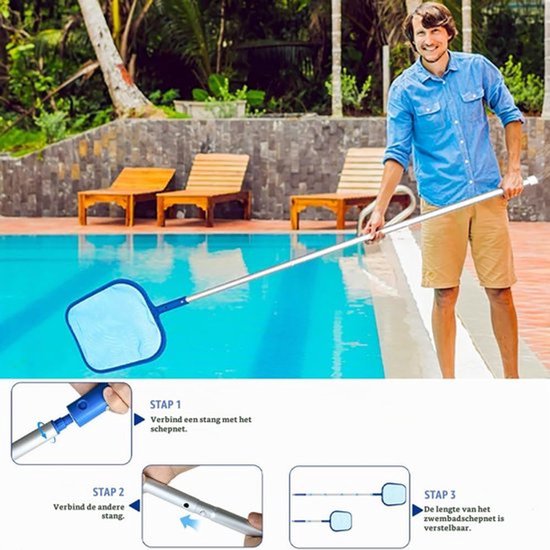 Schepnet voor zwembad, 150 cm, blad-skimmer net, fijnmazig reinigingsnet met 5 telescoopstangen, voor zwembad, vijver, fontein, aquarium — afbeelding 4