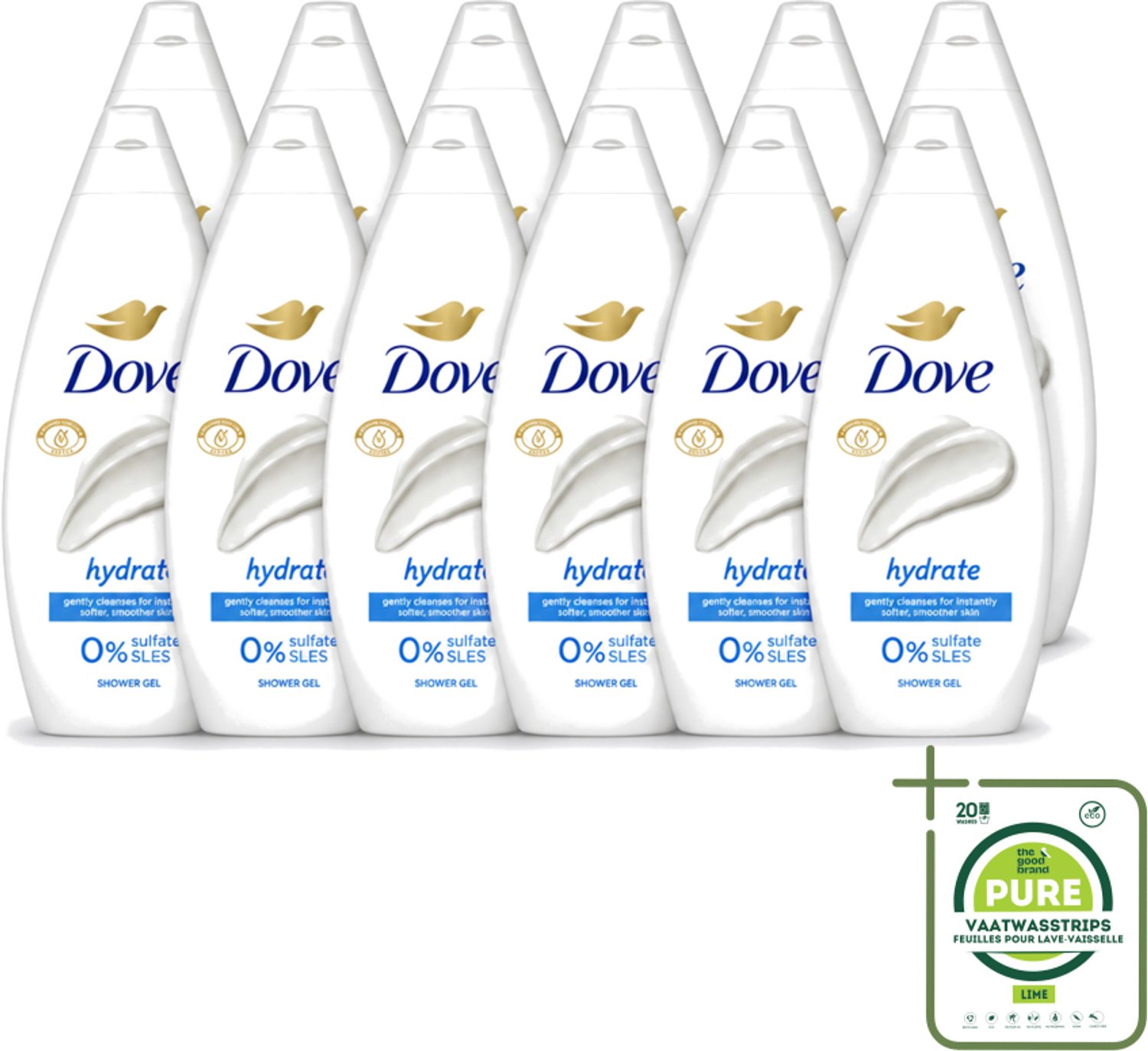 12 x Dove Douchecrème - Hydrate - 720 ml - Grootverpakking - Vaatwasstrips - Hydratatie - Droge Huid - Reinigingsgel - Milde Reiniging - Microbioomvriendelijk