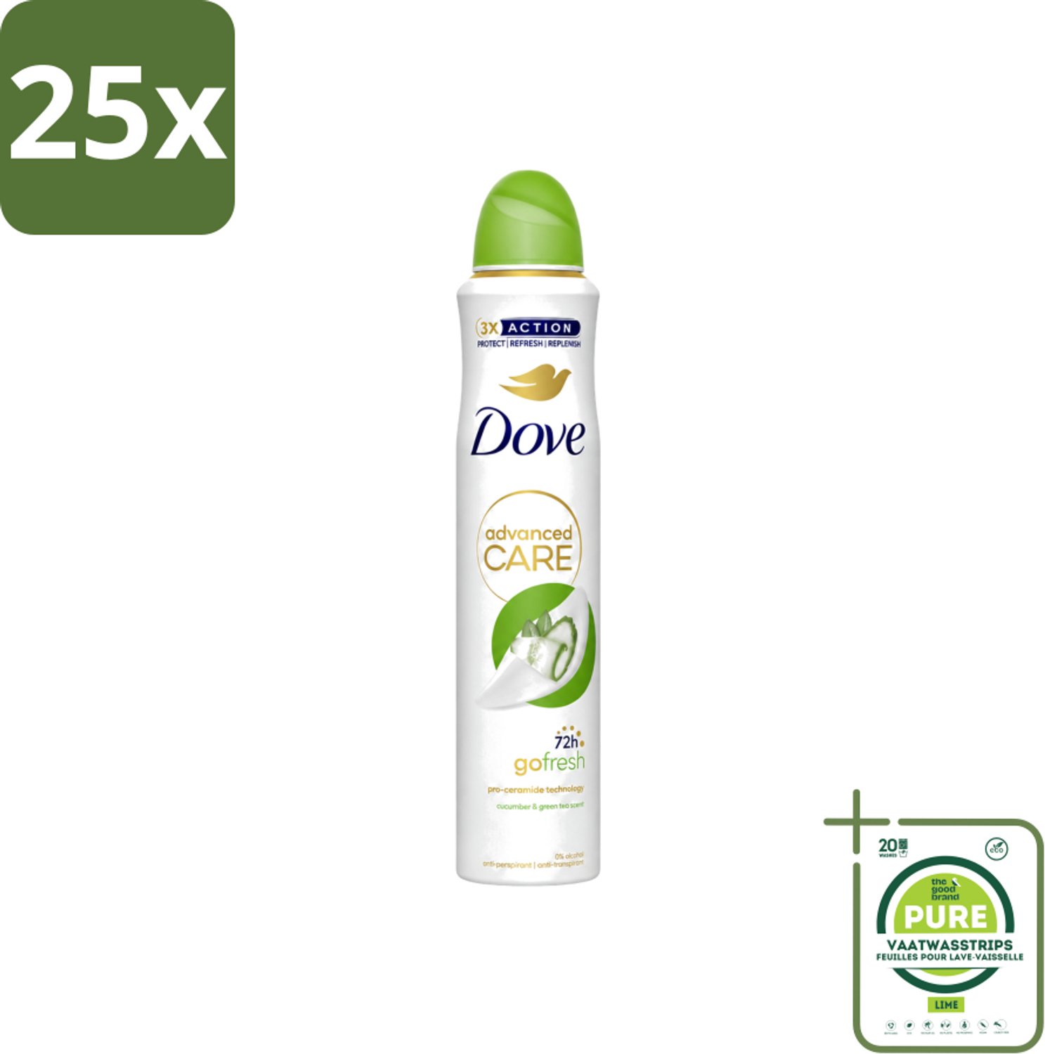 25 x Dove Deodorant Spray - Komkommer & Groene Thee - 200 ml - Grootverpakking - Vaatwasstrips - Dove Deodorant Spray - Anti-transpirant - Okselverzorging - Zweetvermindering - Geurvermindering