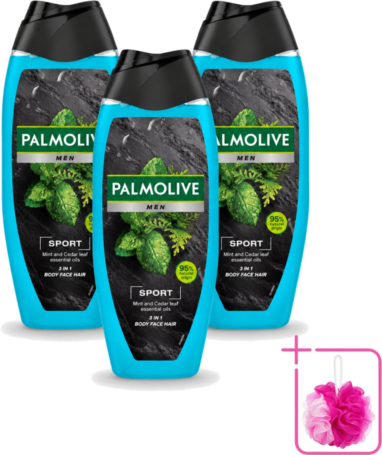 3 x Palmolive Men - Sport 3-in-1 - Douchegel - Verfrissend & Verzorgend - 500 ml - Bulkverpakking - Douchegel - Douchemop - Sport