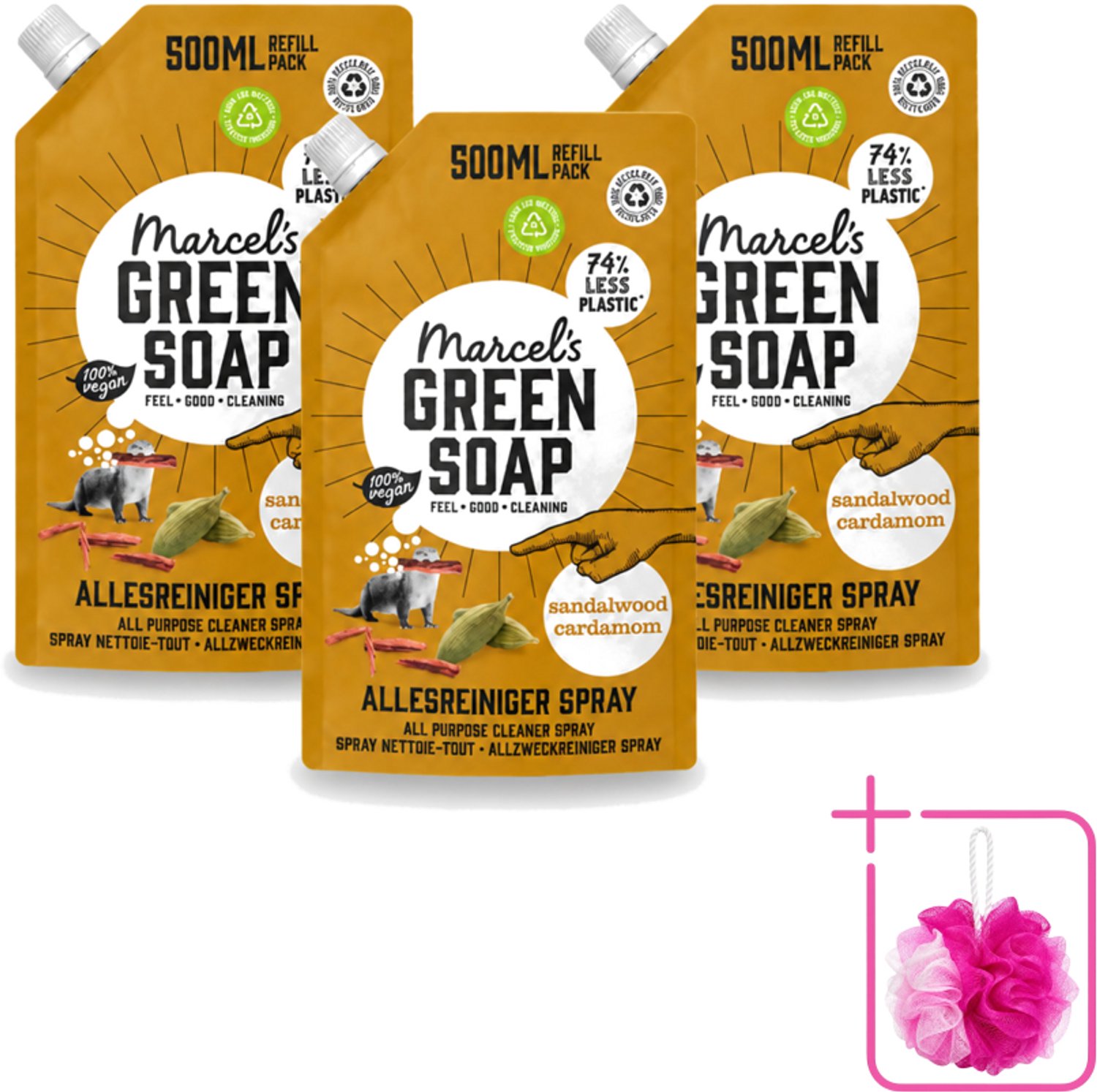 3 x Marcel's Green Soap - Allesreiniger Spray - Navulling - Sandelhout & Kardemon - Frisse reiniging - 500 ml - Bulkverpakking - Allesreiniger spray - Douchemop - Natuurlijke reiniger