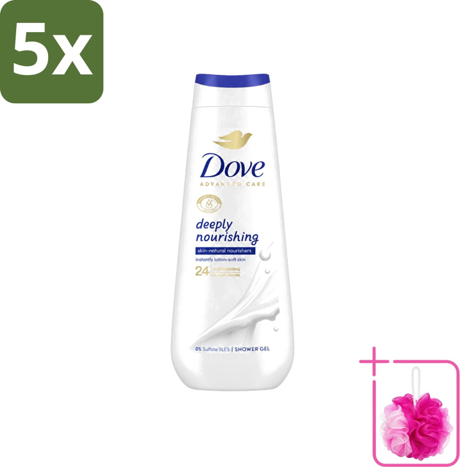 5 x Dove Douchecrème - Deeply Nourishing - 600 ml - Bulkverpakking - Douchegel - Douchemop - Huidverzorging