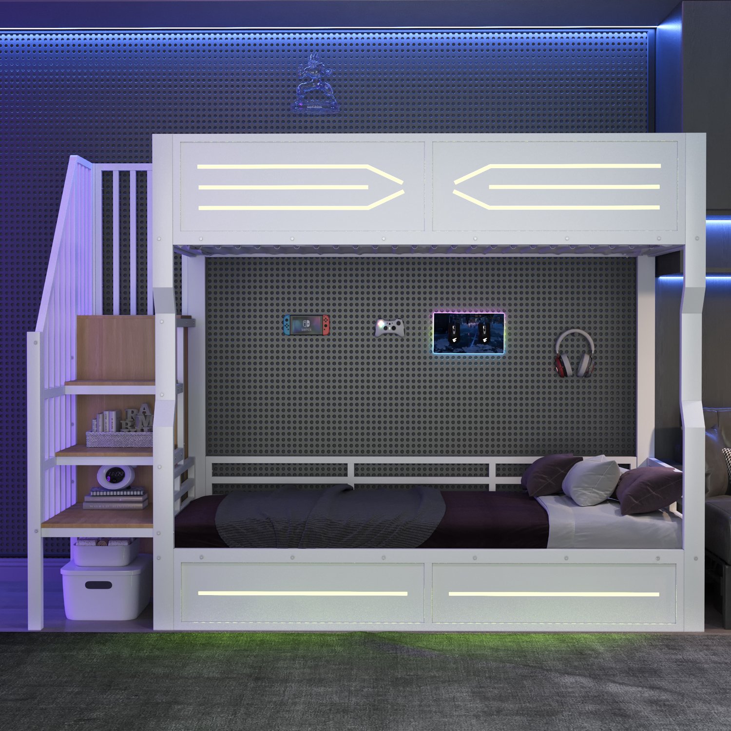 WUVRIE Hoogslaper 90x200 cm - Trap met opbergruimte en kastje - LED-verlichting en uitvalbeveiliging - Wit