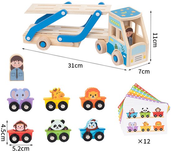 Houten autotransporter met 6 dierenauto's, een figuurtje en 12 educatieve kaarten met afmetingen.