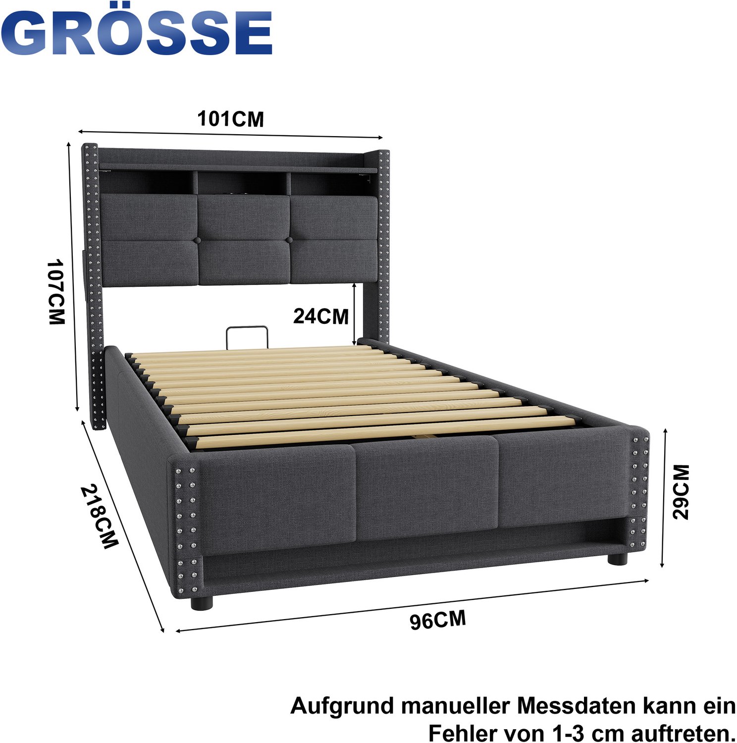HAUSS SPOLE Gestoffeerd Bed 90x200cm - Eenpersoonsbed Met Ledverlichting, Oplaadpunten En Opbergruimte Voor Slaapkamer - Zonder Matras - Linnen - Donkergrijs