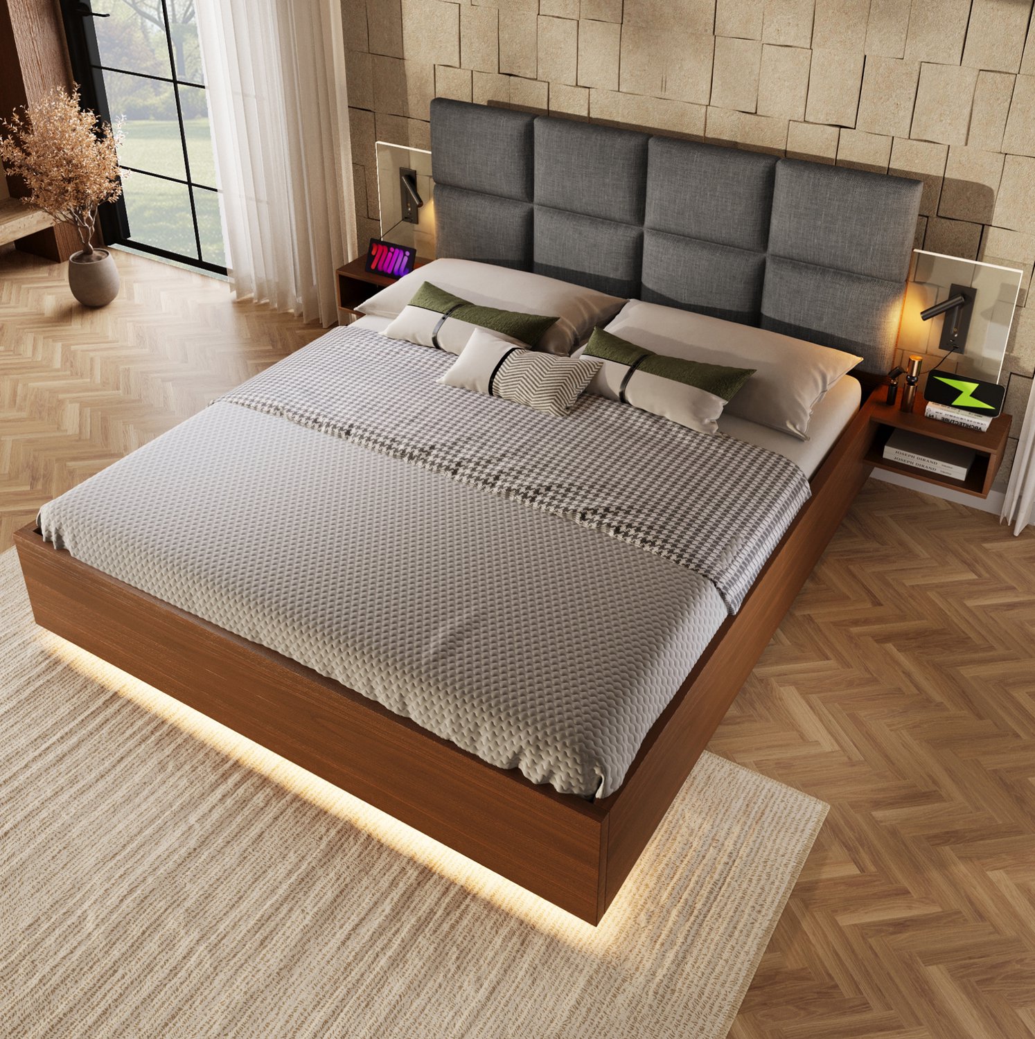STILVORA Tweepersoonsbed 180x200 cm – Zwevende Nachtkastjes Met Leeslampen – Oplaadpunten – Lattenbodem – Zonder Matras – Walnootkleur en Grijs