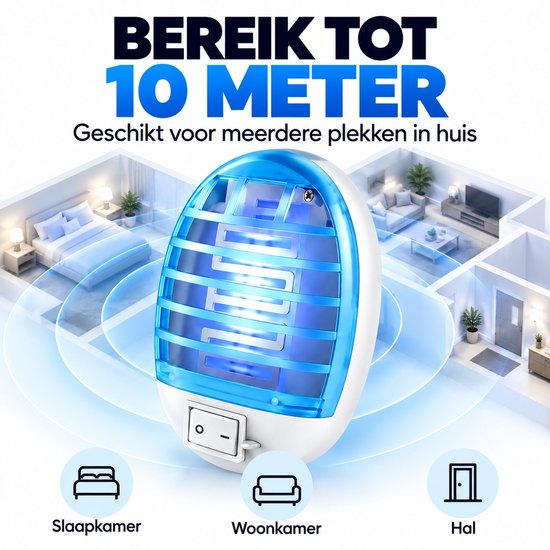 Blauwe muggenlamp met 10 meter bereik in diverse kamers. Tekst: Bereik tot 10 meter.