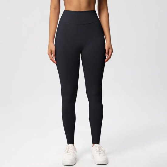Zwarte sportlegging met hoge taille, vooraanzicht.