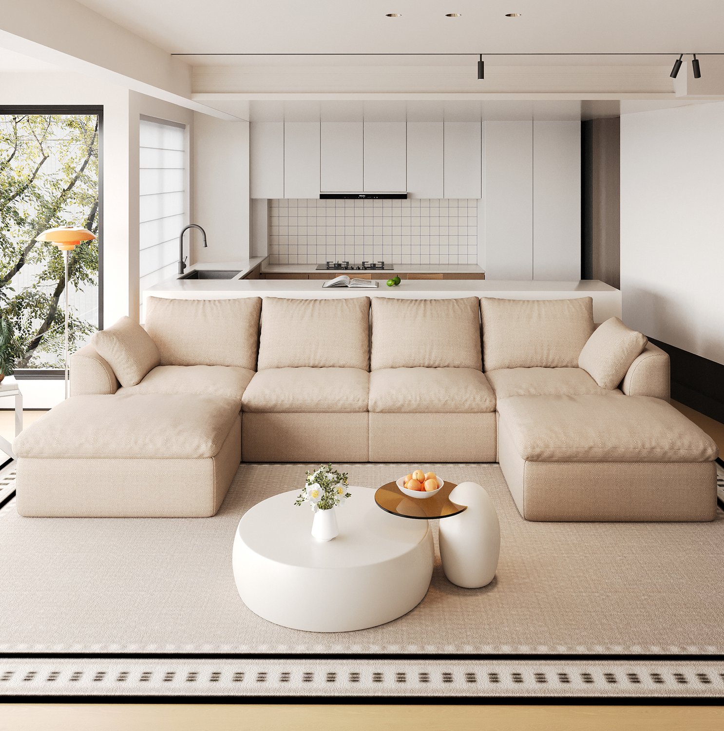 MIVRAY U-bank 310 x 155 x 83 cm - Ruime Zitplaatsen voor Zes Personen met Zachte Schuimvulling - Voor de Woonkamer - Linnen Stof - Kaki Beige