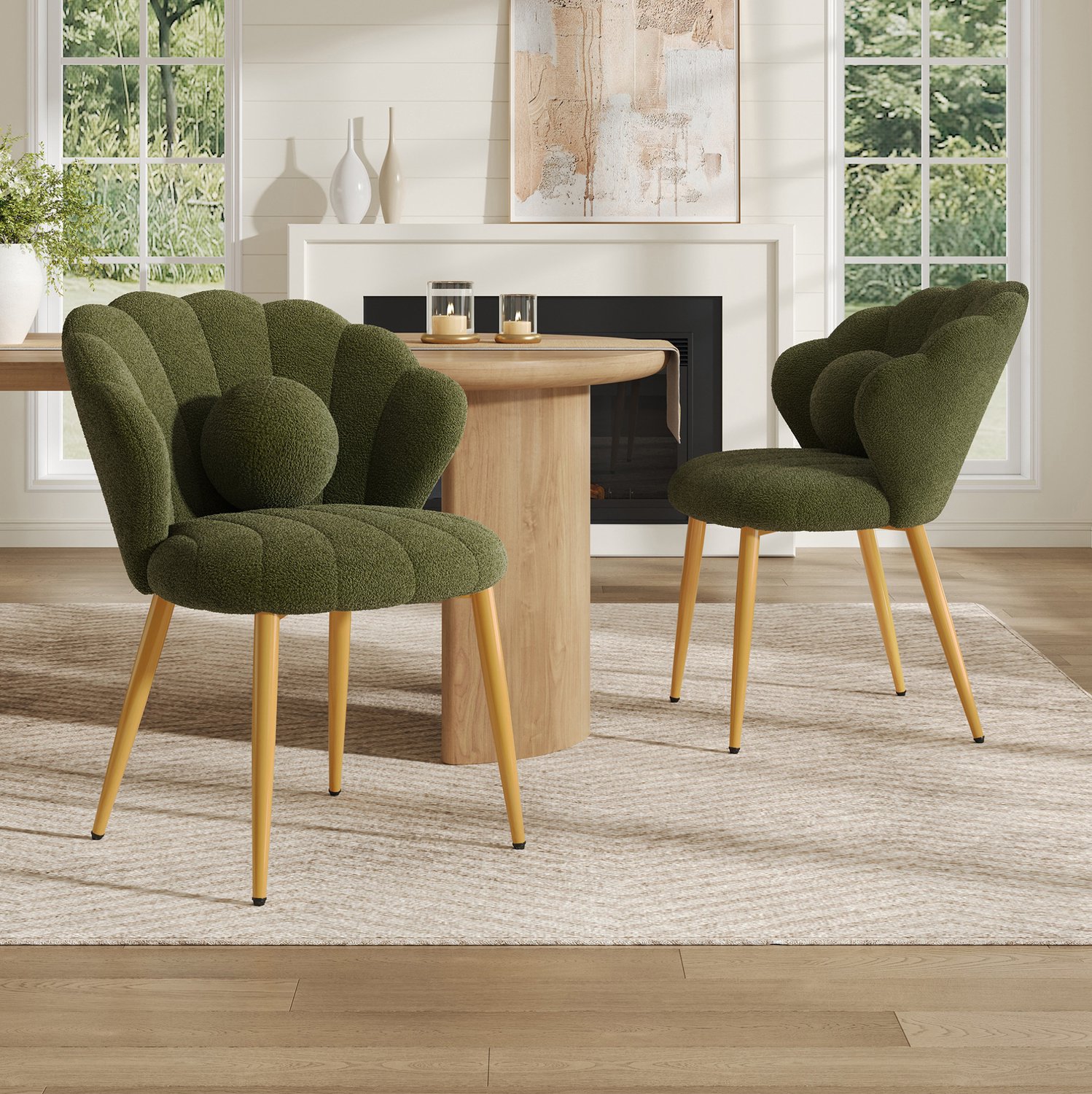 CHICFURN Eetkamerstoel set van 2 - Schelpvormige rugleuning - Teddy-stof - Groen